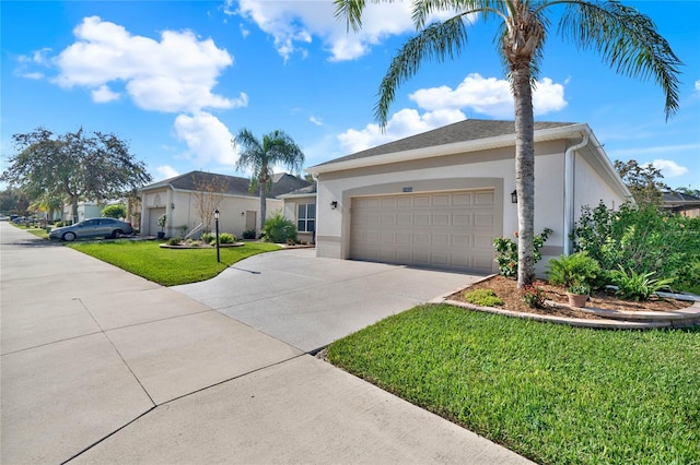 single story home featuring a front yard and a garage