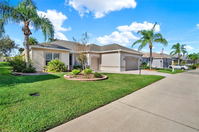 ranch-style home with a front lawn and a garage