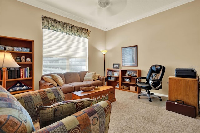 living room featuring carpet flooring, ceiling fan, and crown molding