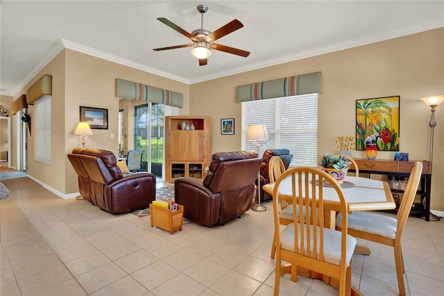 living room with crown molding and light tile patterned floors