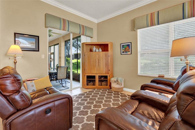 living room featuring light tile patterned flooring and ornamental molding