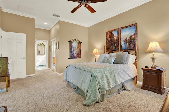 carpeted bedroom featuring ceiling fan, crown molding, and connected bathroom