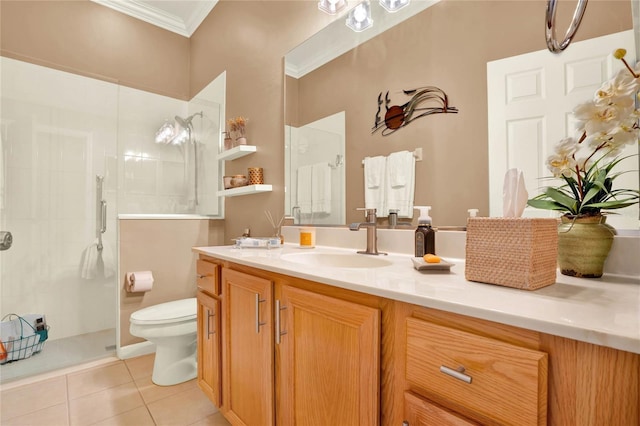 bathroom with vanity, a shower with door, tile patterned flooring, toilet, and ornamental molding