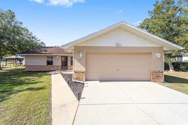 single story home with a garage and a front yard