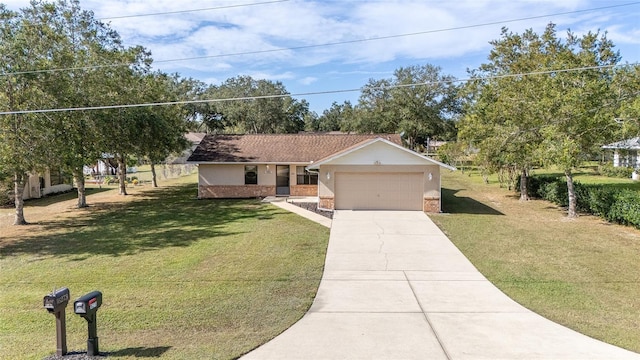 ranch-style house with a garage and a front yard