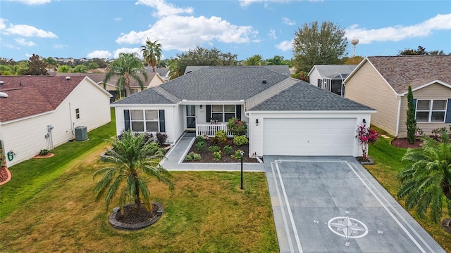 ranch-style home with cooling unit, a garage, a porch, and a front yard