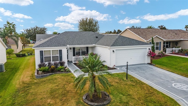 single story home with driveway, a garage, roof with shingles, covered porch, and a front lawn