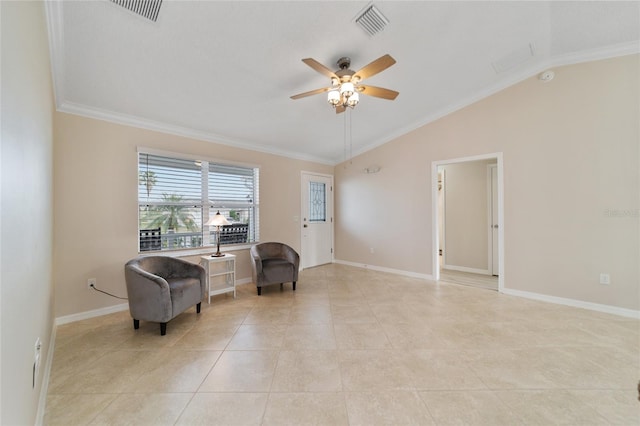 sitting room with ceiling fan, visible vents, baseboards, vaulted ceiling, and crown molding