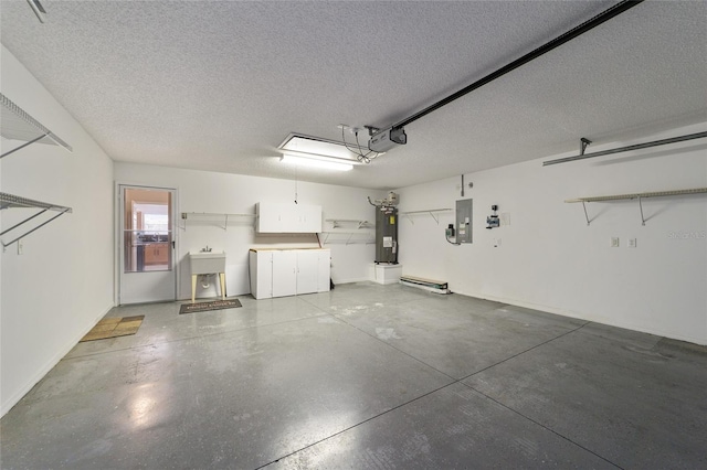 garage featuring electric panel, water heater, and a garage door opener