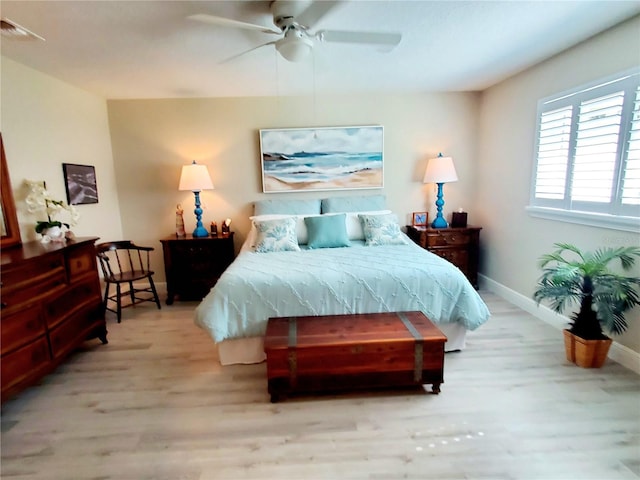 bedroom featuring light hardwood / wood-style floors and ceiling fan