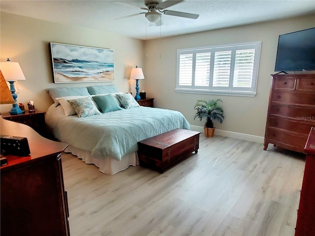 bedroom featuring ceiling fan and light hardwood / wood-style floors