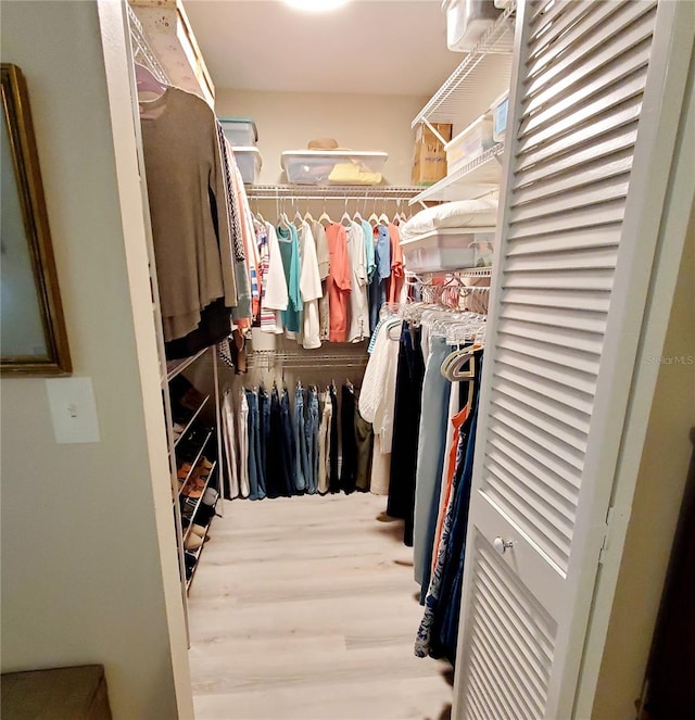 walk in closet with hardwood / wood-style flooring