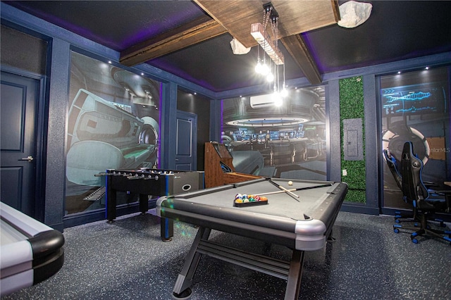 playroom featuring electric panel, beam ceiling, billiards, and a wall mounted AC