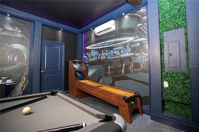 rec room featuring a wall mounted AC, electric panel, and pool table