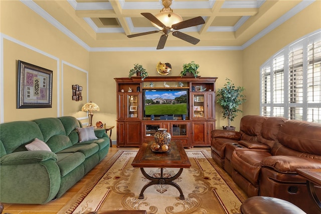 living room featuring beam ceiling, ceiling fan, coffered ceiling, and ornamental molding