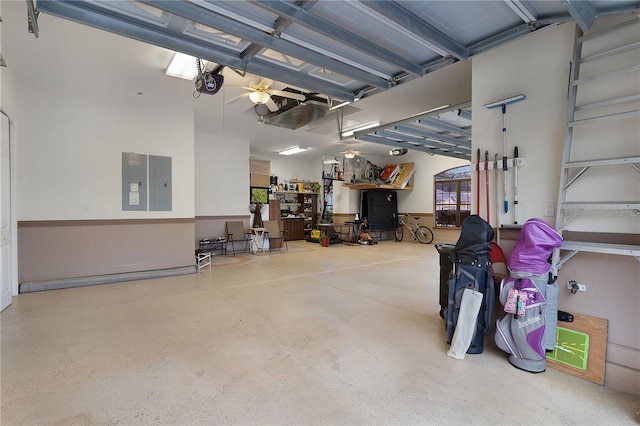 garage with electric panel and a garage door opener