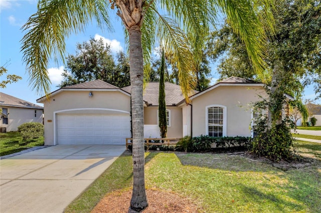 view of front of property with a front yard and a garage