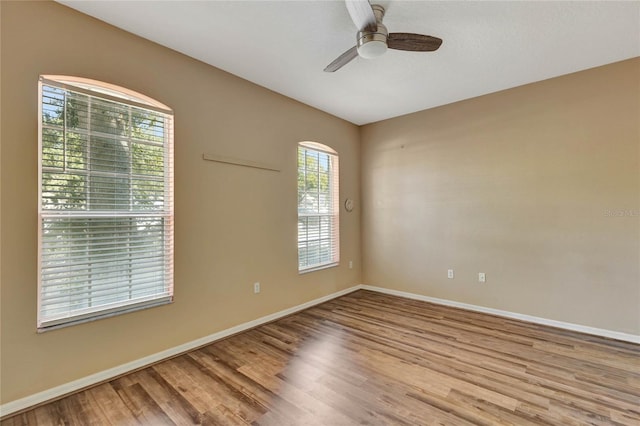 empty room with ceiling fan and light hardwood / wood-style flooring