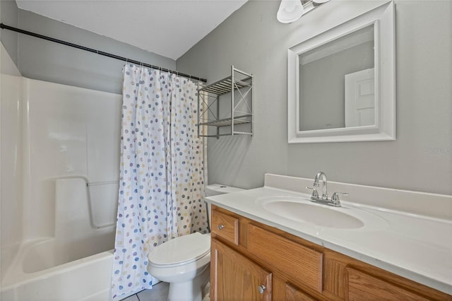 full bathroom featuring vanity, toilet, and shower / bathtub combination with curtain