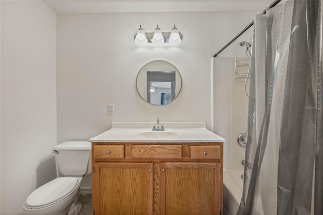 full bathroom with shower / bath combo, vanity, and toilet