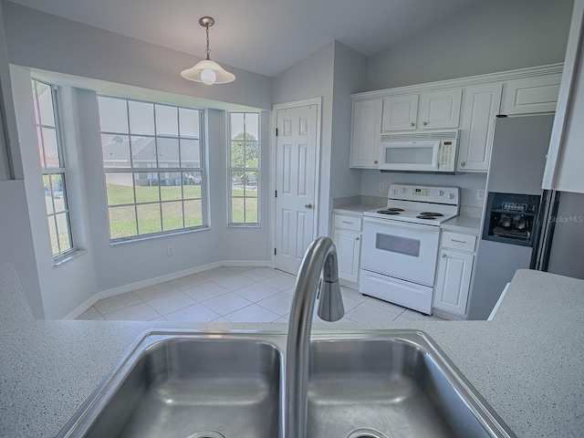 kitchen with white cabinetry, lofted ceiling, white appliances, and decorative light fixtures