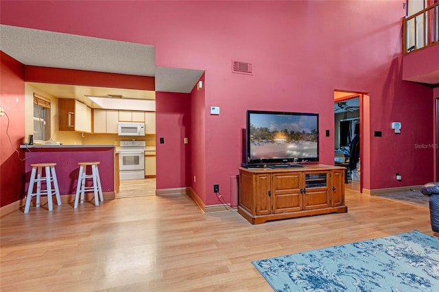 living room with a textured ceiling, a towering ceiling, and light hardwood / wood-style floors