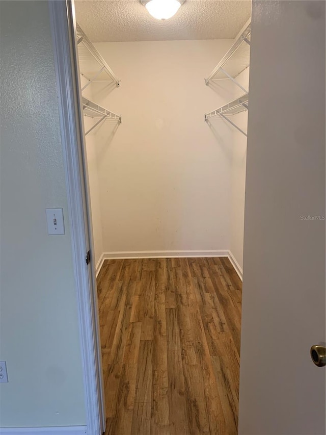 walk in closet with dark wood-type flooring