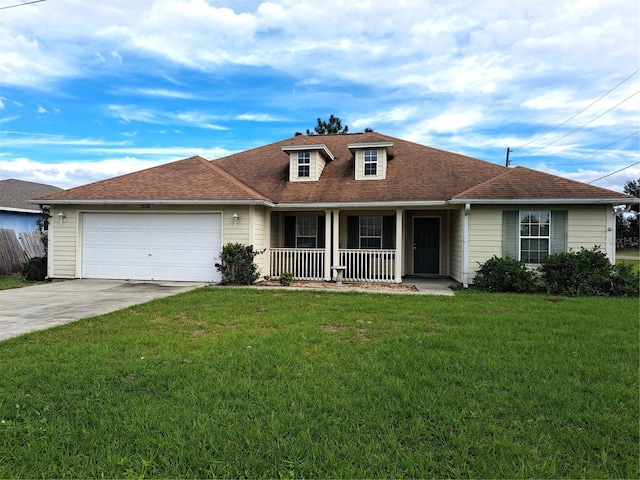 view of front facade featuring covered porch, a garage, and a front yard