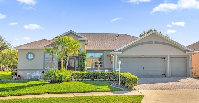 view of front of property featuring a garage and a front lawn