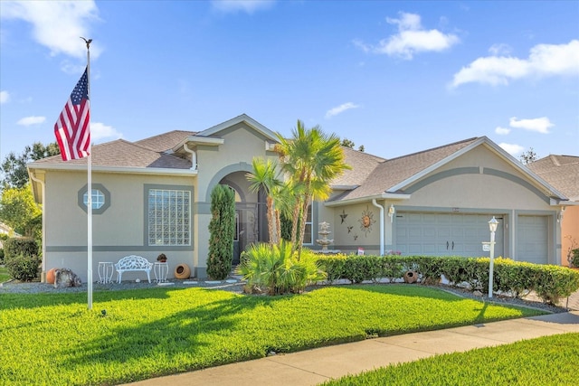 single story home featuring a front yard and a garage