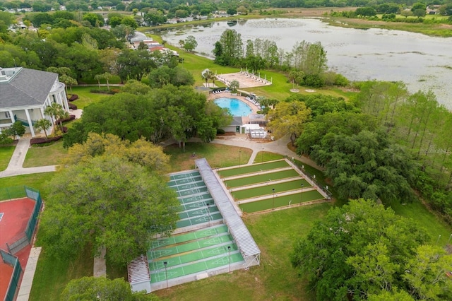 bird's eye view with a water view