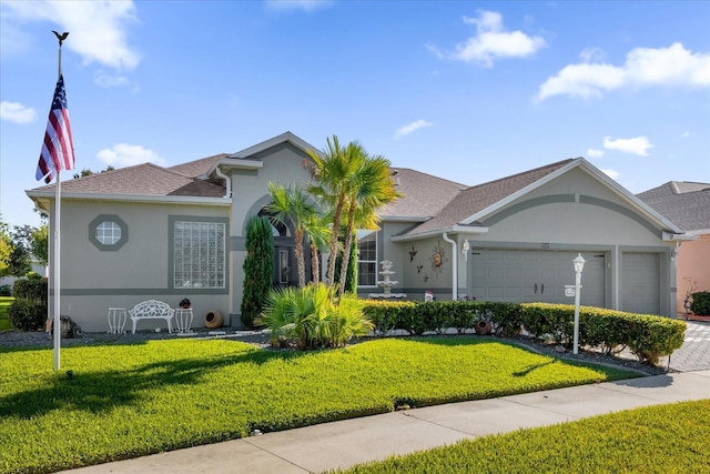 ranch-style house with a garage and a front yard