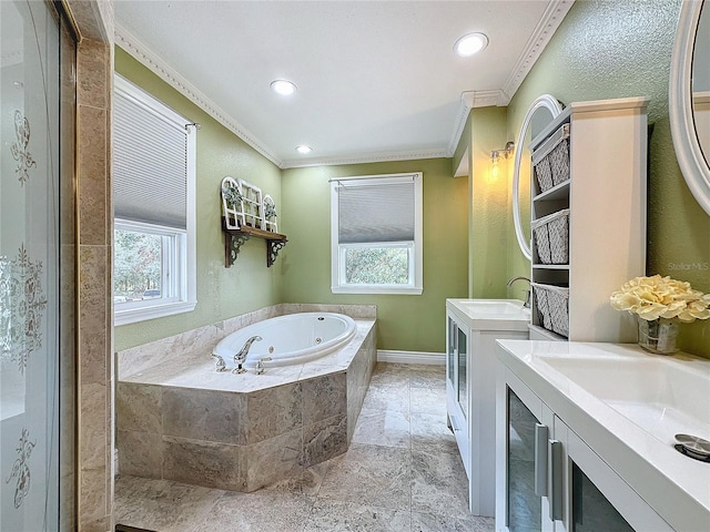 bathroom featuring vanity, crown molding, and a wealth of natural light