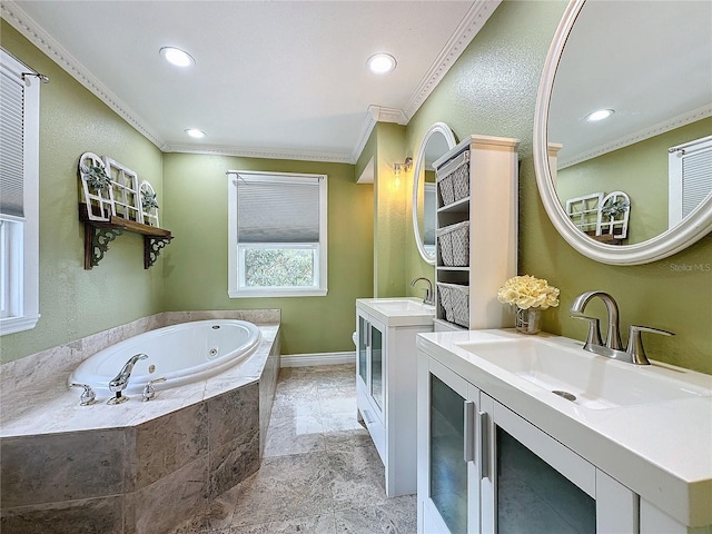 bathroom featuring crown molding, vanity, and a relaxing tiled tub