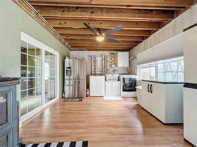 kitchen featuring light hardwood / wood-style floors, white cabinetry, ceiling fan, and stainless steel fridge