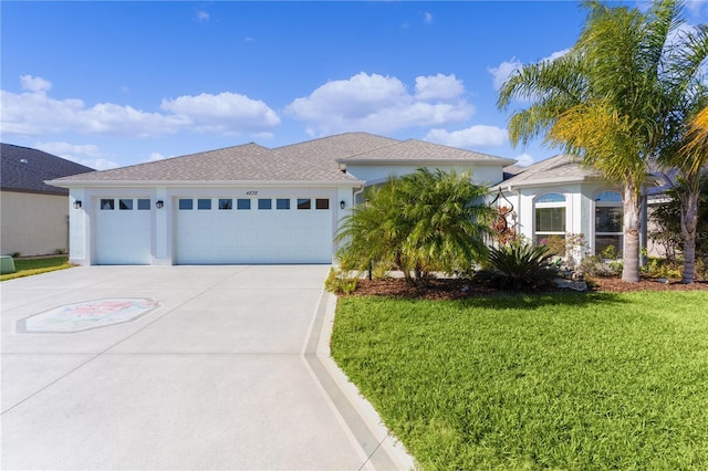 view of front of home with a front yard and a garage