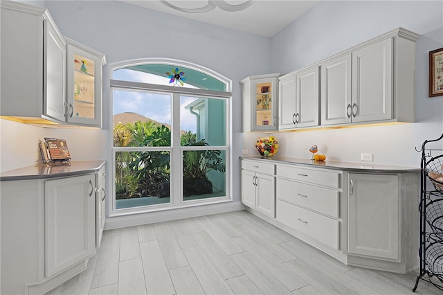 kitchen with white cabinets and light hardwood / wood-style flooring