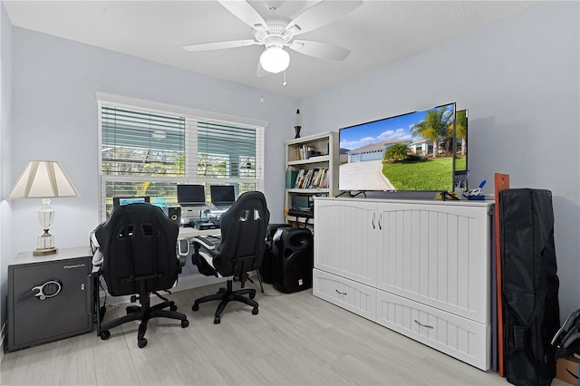 office featuring ceiling fan and light hardwood / wood-style floors