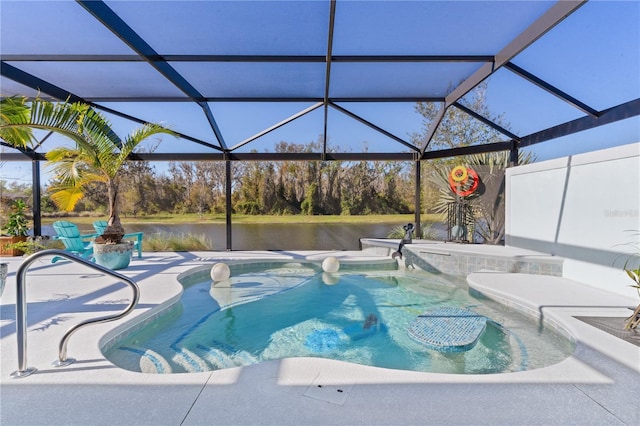 view of swimming pool featuring a patio, a water view, and glass enclosure