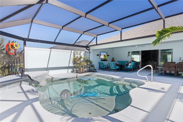 view of swimming pool featuring a lanai, a patio area, ceiling fan, and an outdoor hangout area