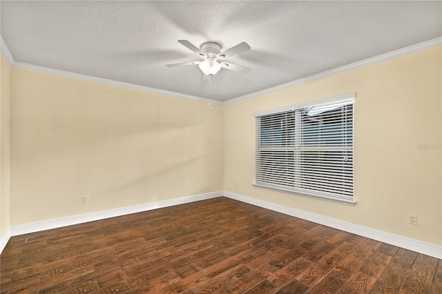 spare room featuring a textured ceiling, dark hardwood / wood-style floors, ceiling fan, and crown molding