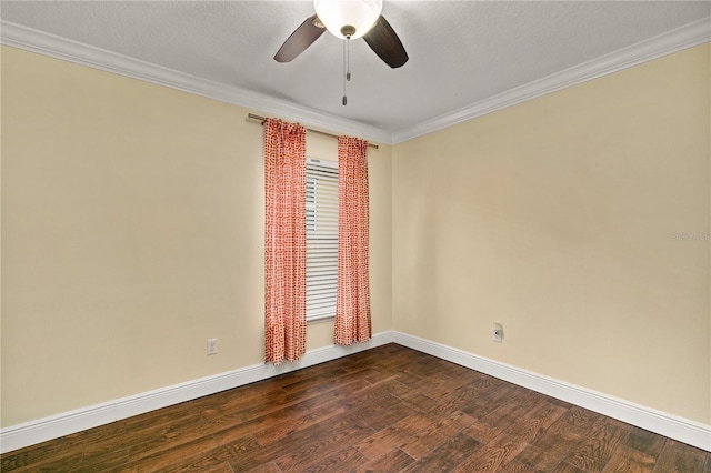 unfurnished room with crown molding, hardwood / wood-style floors, ceiling fan, and a textured ceiling