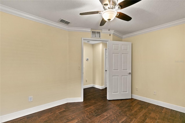 unfurnished room with crown molding, dark hardwood / wood-style flooring, ceiling fan, and a textured ceiling