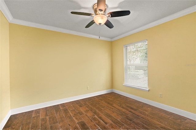 spare room featuring wood-type flooring, ceiling fan, and ornamental molding