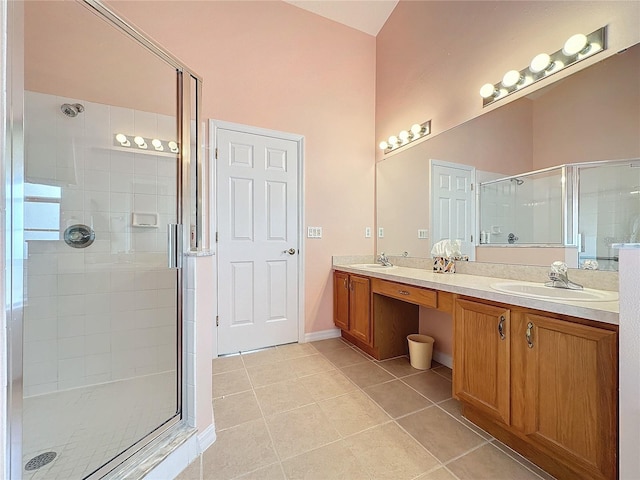 bathroom with tile patterned flooring, vanity, and walk in shower