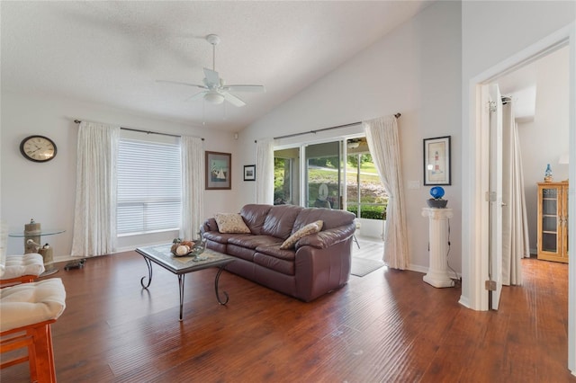 4130 Capland Ave, Clermont, FL 34711 - living area with a ceiling fan, wood finished floors, baseboards, and high vaulted ceiling