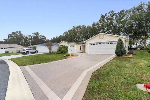 single story home with central AC and a front lawn