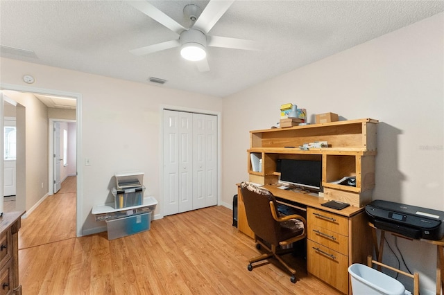 office space featuring a textured ceiling, light hardwood / wood-style floors, and ceiling fan