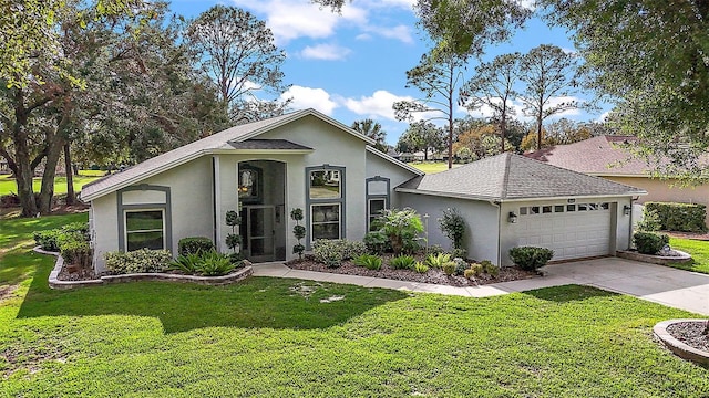 ranch-style house with a garage and a front lawn