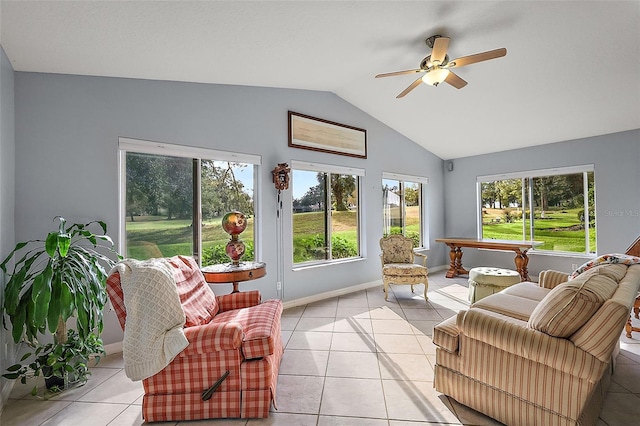 sunroom with vaulted ceiling and ceiling fan